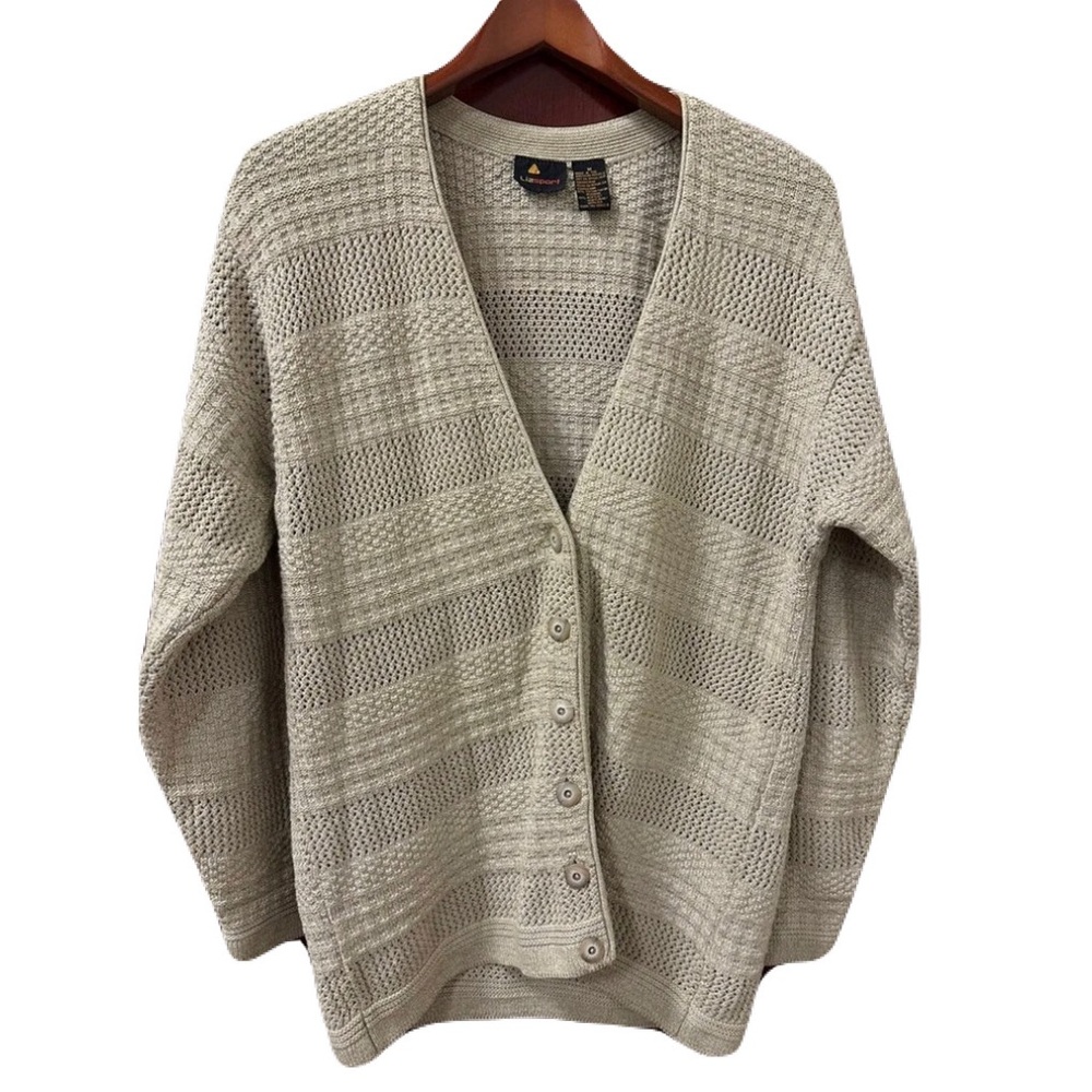 Vintage 90s LizSport Womens Size Medium Textured Oatmeal Tan Cardigan Sweater